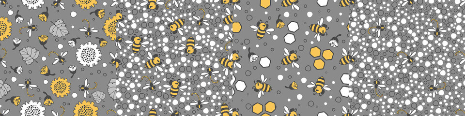 Modern floral pattern with large sunflower flowers, bees and dragonflies, small buds on a branch, varied foliage. Bitmap, small spots. Modern design for paper, cover, fabric, decor, print.