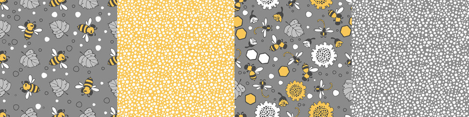 Modern floral pattern with large sunflower flowers, bees and dragonflies, small buds on a branch, varied foliage. Bitmap, small spots. Modern design for paper, cover, fabric, decor, print.