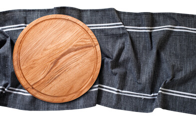 Pizza board with napkin isolated. Top view mockup