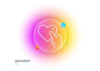 Hold heart line icon. Gradient blur button with glassmorphism. Friends love sign. Friendship hand symbol. Transparent glass design. Hold heart line icon. Vector