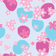 Vector blue background white pink cherry tree flowers and cherry blossom sakura flowers. Seamless pattern background