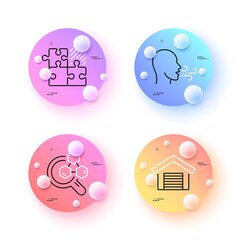 Chemistry lab, Puzzle game and Parking garage minimal line icons. 3d spheres or balls buttons. Breathing exercise icons. For web, application, printing. Vector
