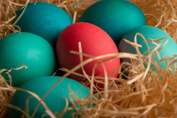 Colorful easter eggs on hay. Bright and colorful eggs on wooden background