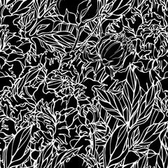 Vector floral seamless pattern with peonies flowers and leaves. White outline on black. Monochrome design for textile, wallpaper, wrapping paper.
