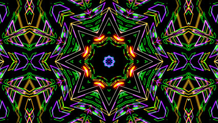 3d Rendering Abstract colorful futuristic background bright neon color. Digital future, fantasy. Geometric design, Mosaic kaleidoscope, geometric Pattern. Light effects. Symmetry and reflection