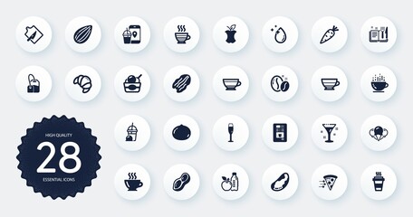 Set of Food and drink icons, such as Carrot, Healthy food and Food delivery flat icons. Pecan nut, Americano, Cutting board web elements. Coffee vending, Dry cappuccino, Ice cream signs. Vector