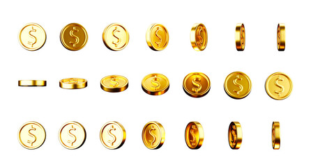 Set of golden dollar coins in different rotation views