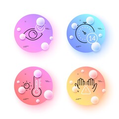 Weather thermometer, Check eye and Clean hands minimal line icons. 3d spheres or balls buttons. Quarantine icons. For web, application, printing. Temperature control, Vision, Hygiene care. Vector