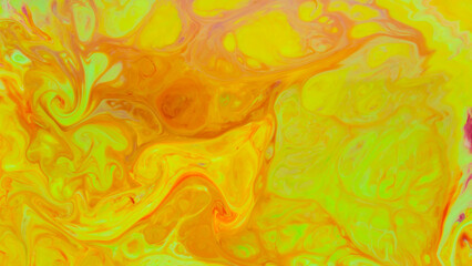 Fluid Art. Abstract paint background. Trendy orange green backdrop. Liquid surface with blurred orange-green shades