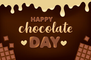 chocolate day poster. chocolate letters, spreading chocolate, heart shaped candy. black and milky. vector illustration