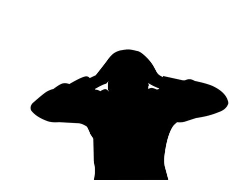 recommend clip art: A man holds his head because of headaches, stress, frustration, and burnout. Negative emotions concept in trendy black silhouette