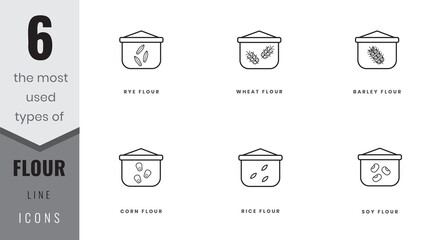 The most used types of flour line icons. Rye, wheat, barley, soy, rice and cor. In lineart, outline, solid, colored styles. For website design, mobile app, software