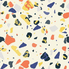 Vector seamless pattern with classical Terrazzo texture in red, gray and blue scattered chips