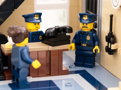 Tambov, Russian Federation - August 02, 2021 Three Lego police officers inside of a police station.