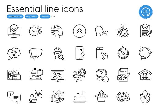 Start presentation, Breathing exercise and Analysis graph line icons. Collection of Artificial intelligence, Question button, Card icons. Inspect, Fake internet, Organic product web elements. Vector