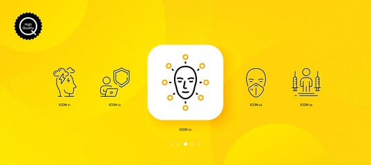 Fototapeta na wymiar Shield, Face biometrics and Stress minimal line icons. Yellow abstract background. Coronavirus injections, Medical mask icons. For web, application, printing. Vector