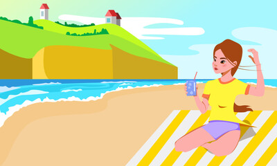 A girl on the beach, a girl sitting on a blamket and holding a drink, summer beach scenery, nature on the background, sunny hills