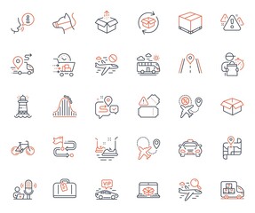 Transportation icons set. Included icon as Vip transfer, Flight sale and Delivery box web elements. Bicycle, Opened box, Return parcel icons. Journey, Delivery man, Taxi web signs. Vector