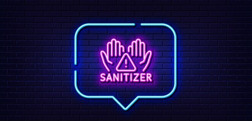 Neon light speech bubble. Clean hands line icon. Sanitary cleaning sign. Washing hands symbol. Neon light background. Clean hands glow line. Brick wall banner. Vector
