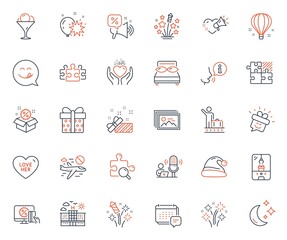 Holidays icons set. Included icon as Discounts offer, Pillows and Sale web elements. Gift box, Cancel flight, Love message icons. Message, Love her, Moon web signs. Air balloon. Vector