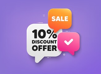 10 percent discount tag. 3d bubble chat banner. Discount offer coupon. Sale offer price sign. Special offer symbol. Discount adhesive tag. Promo banner. Vector