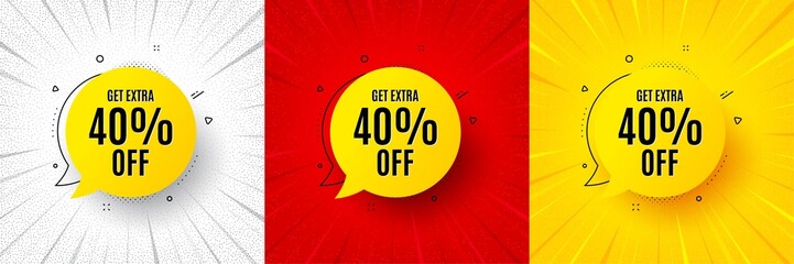 Get 40 percent off bubble banner. Flash offer banner, coupon or poster. Discount sticker shape. Sale badge icon. Sale bubble promo banner. Retail marketing flyer. Starburst pop art. Vector - obrazy, fototapety, plakaty