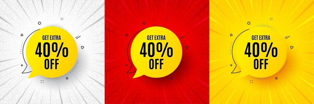 Get 40 percent off bubble banner. Flash offer banner, coupon or poster. Discount sticker shape. Sale badge icon. Sale bubble promo banner. Retail marketing flyer. Starburst pop art. Vector