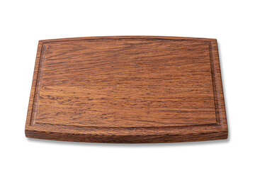 wooden cutting board with edging isolated on a white background. mockup of a food background with copy space, side view