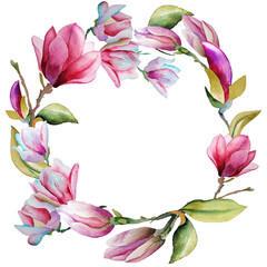Spring flowering wreath. Pink magnolia. Wedding frame. Illustration. Template. Watercolor. Close-up. Handmade