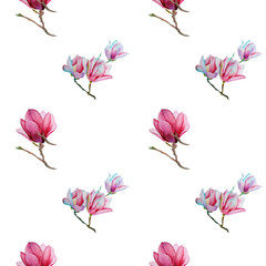 Abstract watercolor seamless pattern of delicate flowering magnolia branches. Hand-painted branches and pink flowers and magnolia buds isolated on a white background. Design, Textiles, fabric