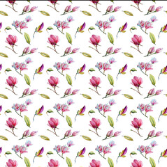Watercolor seamless pattern of magnolia flowers, hand drawn floral illustration, branches with pink flowers isolated on white background.