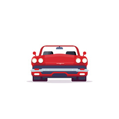Front view of red muscle sport car from 60s. Vehicle and transport banner. Retro style old cabrio car from 60s. Red cabriolet with lights, big grill and shiny bumper. - obrazy, fototapety, plakaty