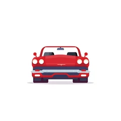 Poster Front view of red muscle sport car from 60s. Vehicle and transport banner. Retro style old cabrio car from 60s. Red cabriolet with lights, big grill and shiny bumper. © ikonstudio