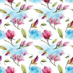 Seamless pattern with flowers and leaves of magnolia on a white background. The illustration is drawn in watercolor by hand. Can be used for fabric, postcards, pretty wrappers, wrapping paper.