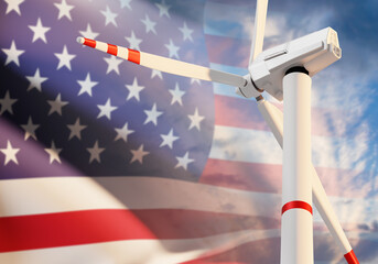 Wind energy. USA flag in front windmill. Extraction electricity from natural wind. Alternative...