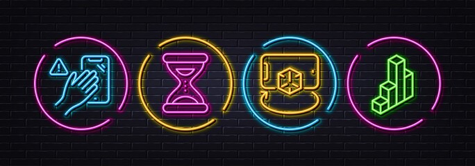 Time, Augmented reality and Dont touch minimal line icons. Neon laser 3d lights. 3d chart icons. For web, application, printing. Clock, Phone simulation, Clean phone. Presentation column. Vector