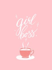 Feminist quote lettering. Girl boss saying. Woman motivational slogan. Calligraphic text for lettering postcard. Inspiration quote. Typography and calligraphy pink poster. Hand drawn illustration.