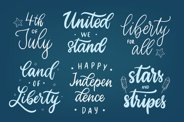 set of independence day patriotic quotes for prints, cards, stickers, banners, sublimation, invitations, apparel decor. EPS 10
