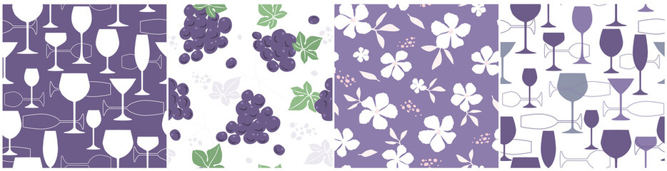 Fototapeta na wymiar Abstract contemporary seamless pattern set with silhouettes of wine glasses of different shapes, bunches of grapes, flowers with leaves. Transparent drinking utensils. Vector graphics.