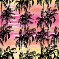 Seamless pattern with black silhouettes of palms, on sunset-colored watercolor background. Good print for wrapping paper, packaging design, wallpaper, ceramic tiles, and textile 