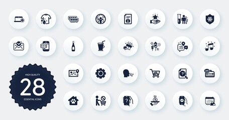 Set of Business icons, such as Loan, Coffee cup and Champagne flat icons. Phone password, Loyalty program, Gift web elements. Ram, Global business, Musical note signs. Notebook service. Vector