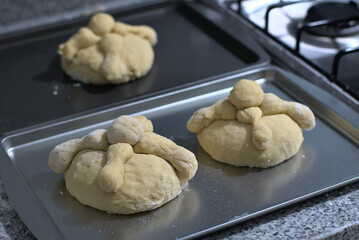 Fototapeta na wymiar Day of the dead bread dough ready to go into the oven