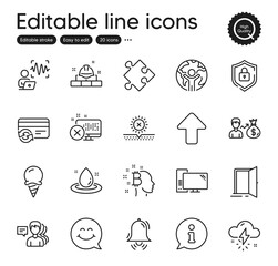 Set of Business outline icons. Contains icons as Strategy, No sun and People elements. Change card, Bitcoin think, Sallary web signs. Upload, Info, Global business elements. Smile face. Vector