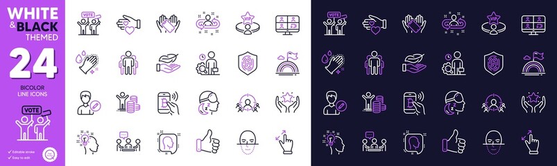 Touchscreen gesture, Bitcoin pay and Idea line icons for website, printing. Collection of Head, Inspect, Lgbt icons. Voting campaign, Edit person, Ranking web elements. People chatting. Vector