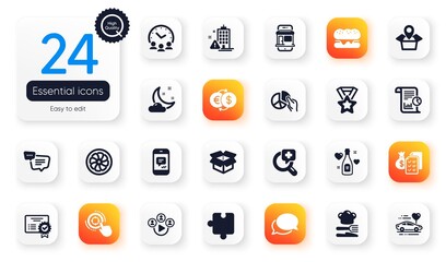 Set of Business flat icons. Text message, Open box and Messenger elements for web application. Fan engine, Building warning, Winner ribbon icons. Puzzle, Meeting time, Certificate elements. Vector