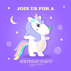 Fototapeta na wymiar Birthday party invitation with baby unicorn. Vector illustration.