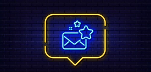 Neon light speech bubble. Favorite mail line icon. Letter with stars sign. Best email symbol. Neon light background. Favorite mail glow line. Brick wall banner. Vector