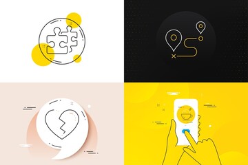 Minimal set of Broken heart, Puzzle and Ice cream line icons. Phone screen, Quote banners. Journey icons. For web development. Love end, Jigsaw, Coffee cup. Trip distance. Vector