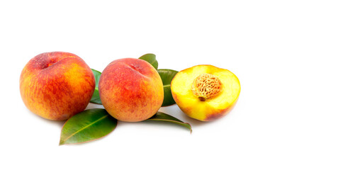 Fototapeta na wymiar Fruit. Ripe peach fruit highlighted on a white background. Close-up photo. 