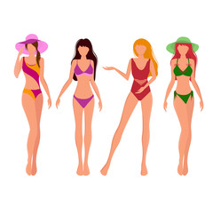 A set of girls in swimsuits and hats. Vector